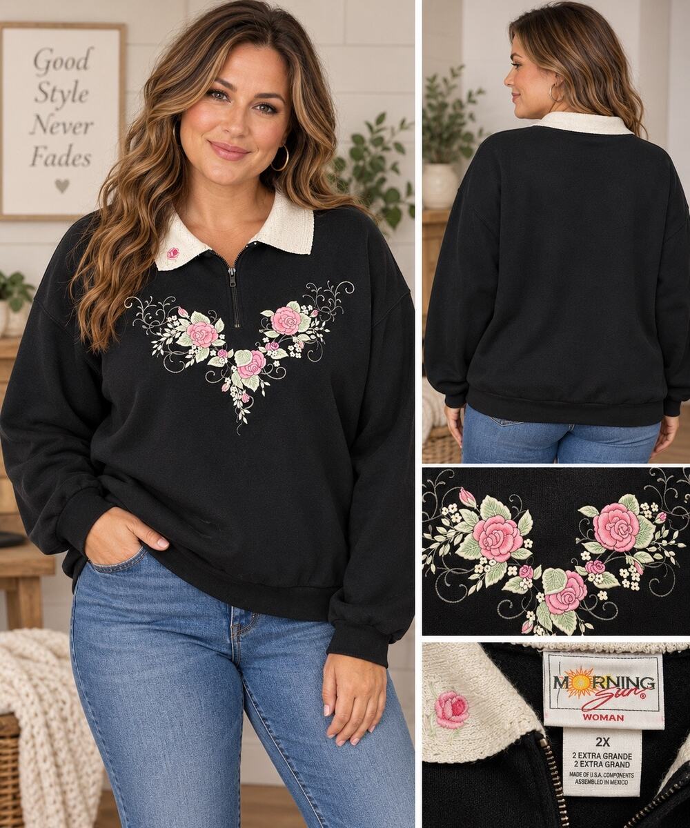 Vintage 90s Morning Sun Black Floral Embroidered Quarter Zip Sweatshirt 2X